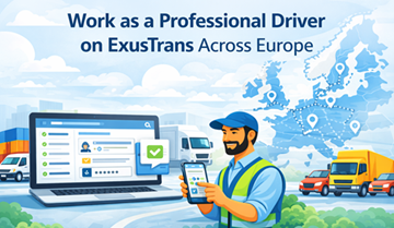 Professzionális tehergépkocsi-vezető az ExusTrans mobil- és webes platform használata közben, fuvarfeladatok, járművek és kiszállítások kezelése Európa-szerte